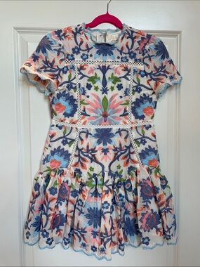 Girls Embroidered Floral Dress in Blue and Pink